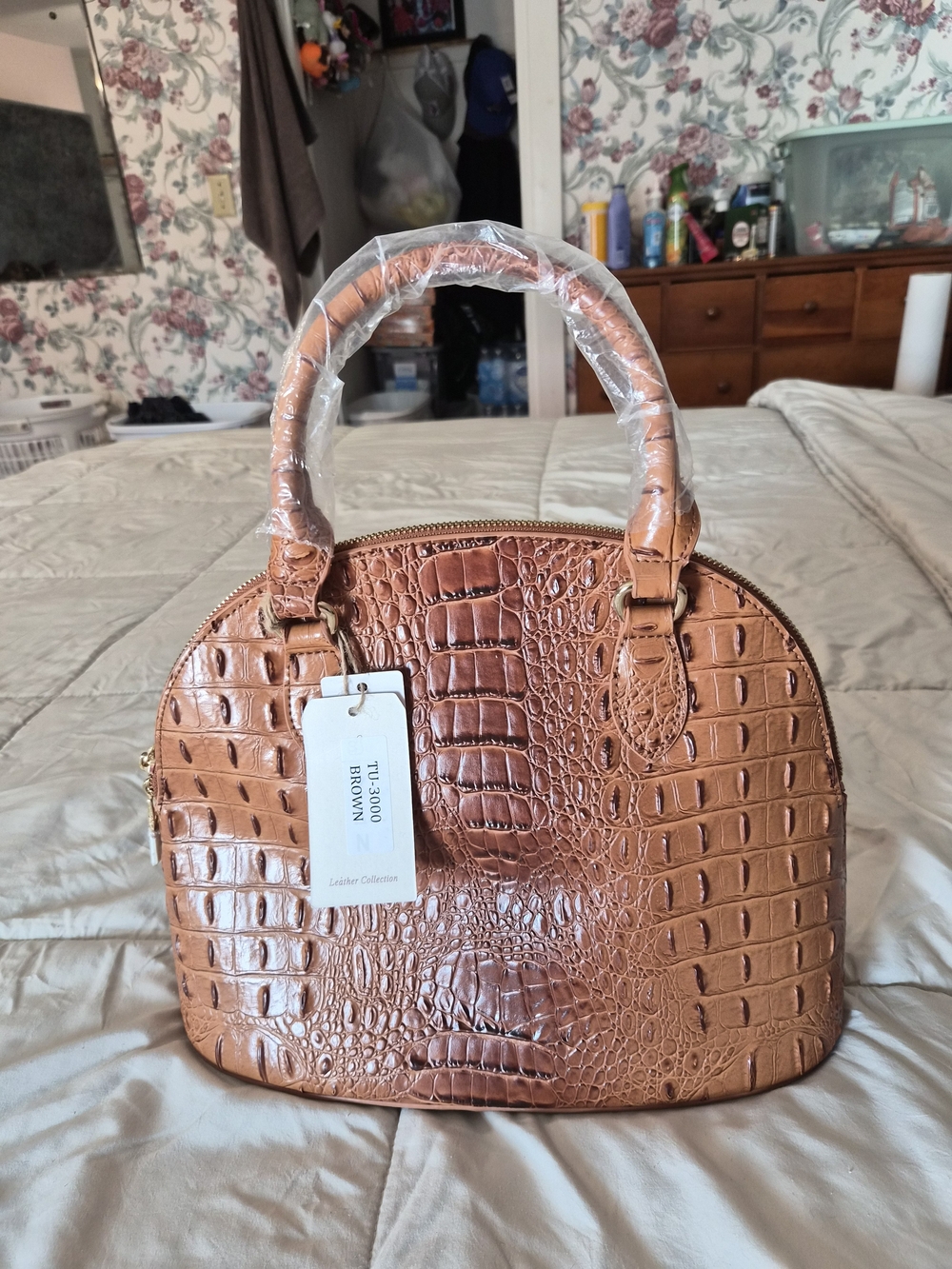 Structured Croc-Embossed Dome Satchel - Brown